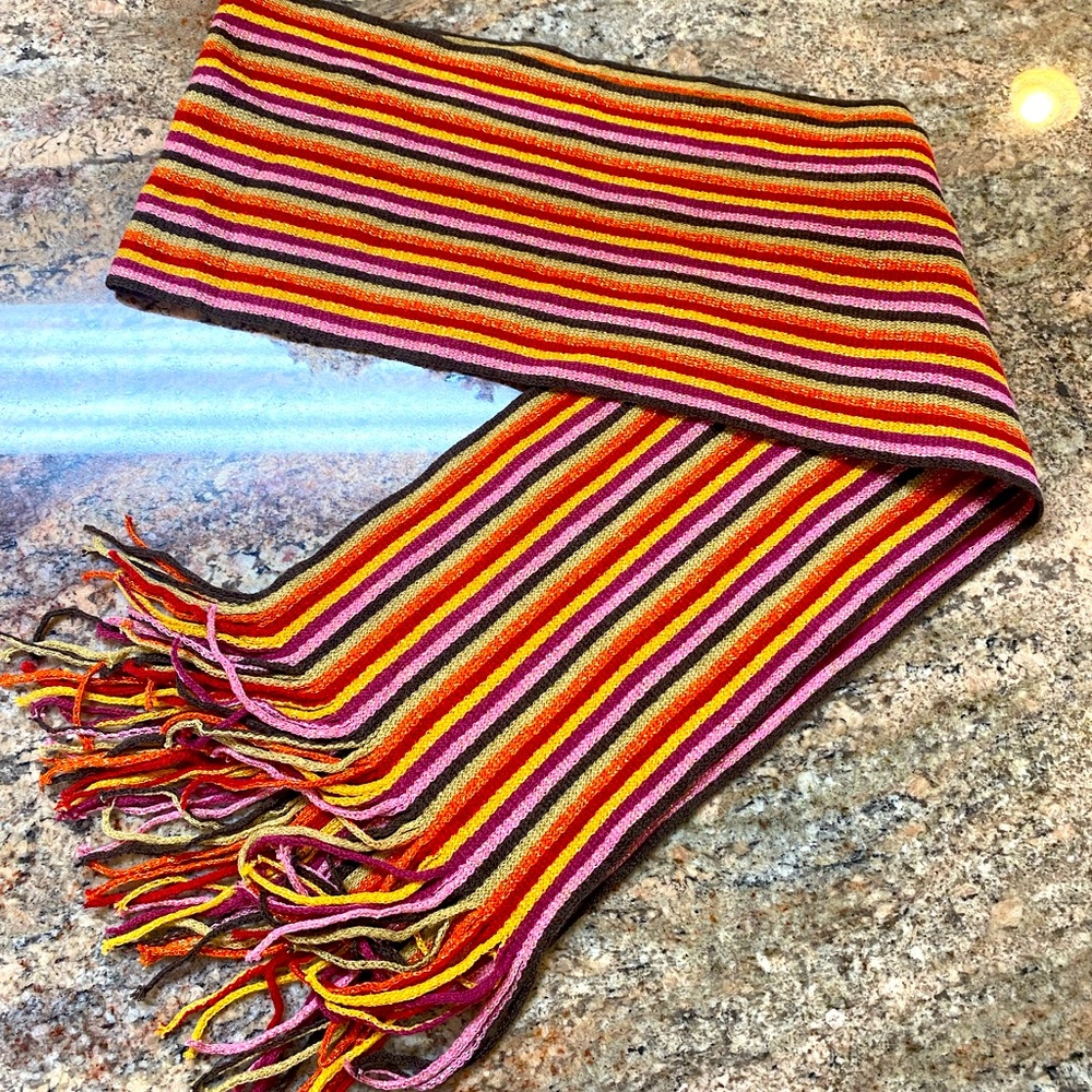 Cejon Brown/Tan/Yellow/Orange/Maroon/Red/Pink Striped Scarf with Gold Accents